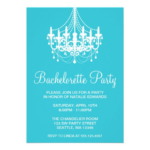 Teal and White Chandelier Bachelorette Party Custom Invitations
