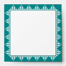 Teal and White Filigree Border Wedding Envelope