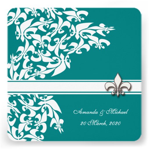 Teal and White Fleur de Lis Damask Formal Wedding Personalized Invitation