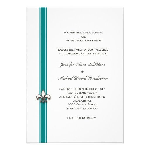 Teal and White Fleur de Lis Design Wedding Invite