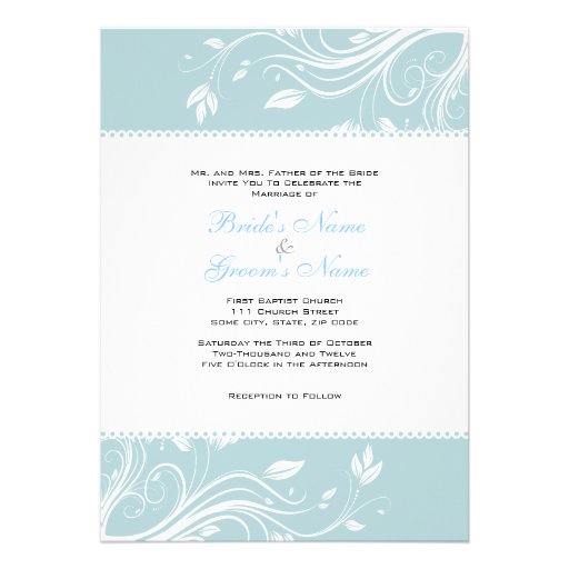 Teal and White Floral Swirls Wedding Invitation