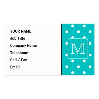 Teal and White Polka Dot Pattern. Custom Monogram. Business Card Template