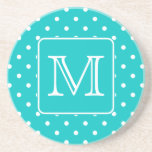 Teal and White Polka Dot Pattern. Custom Monogram. Drink Coasters
