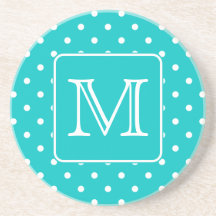 Teal and White Polka Dot Pattern. Custom Monogram. Drink Coasters