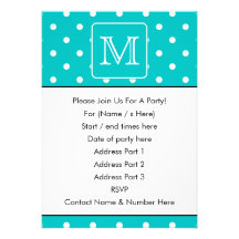 Teal and White Polka Dot Pattern. Custom Monogram. Custom Invitations