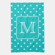 Teal and White Polka Dot Pattern. Custom Monogram. Kitchen Towel