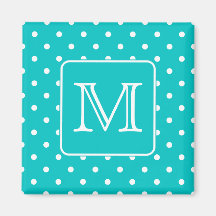Teal and White Polka Dot Pattern. Custom Monogram. Fridge Magnets