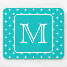 Teal and White Polka Dot Pattern. Custom Monogram. Mouse Pad