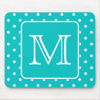 Teal and White Polka Dot Pattern. Custom Monogram. Mouse Pad