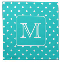 Teal and White Polka Dot Pattern. Custom Monogram. Printed Napkin