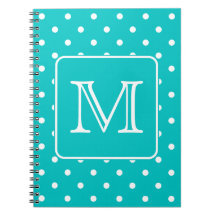 Teal and White Polka Dot Pattern. Custom Monogram. Spiral Notebooks