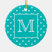 Teal and White Polka Dot Pattern. Custom Monogram. Christmas Ornaments