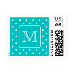 Teal and White Polka Dot Pattern. Custom Monogram. Postage Stamp