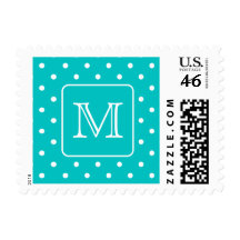 Teal and White Polka Dot Pattern. Custom Monogram. Postage Stamp