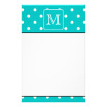 Teal and White Polka Dot Pattern. Custom Monogram. Stationery Paper