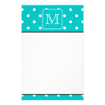 Teal and White Polka Dot Pattern. Custom Monogram. Stationery Paper