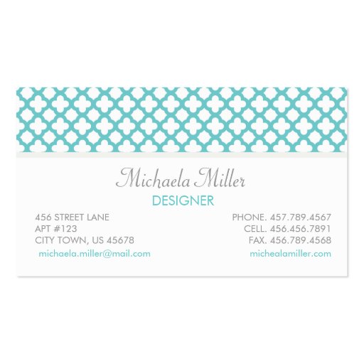 Teal and White Quatrefoil Pattern Business Card Template (front side)