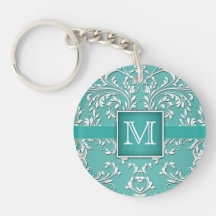 Teal Aqua and White Damask Monogram Round Acrylic Key Chains
