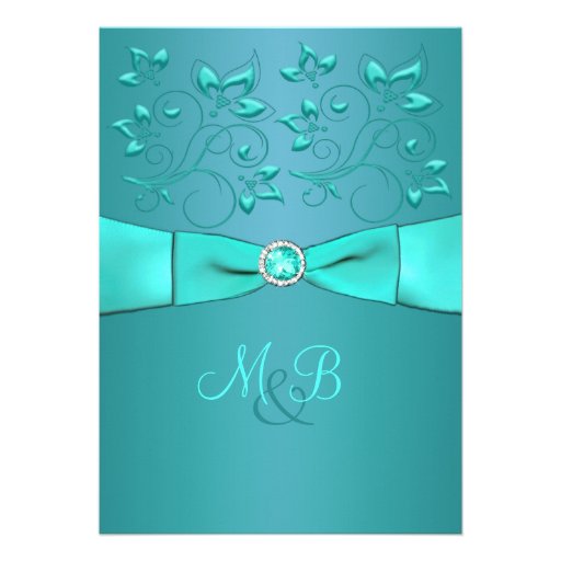 Teal, Aqua Floral II Monogram Wedding Invitation