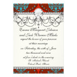 teal aqua red white henna damask custom invitations
