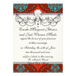 teal aqua red white henna damask invites