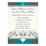 teal aqua red white henna style damask invitation
