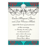teal aqua red white henna style damask invitations