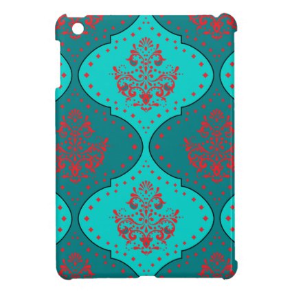 teal aqua red white henna style damask iPad mini case