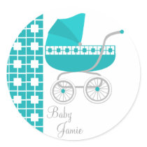 Teal Baby Buggy Round Stickers