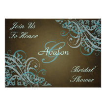 Teal Baroque Swirls Bridal Shower Brown Invitation