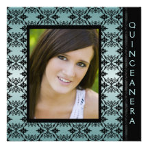 Teal Black Damask Picture Sweet 15 Quinceanera Announcements