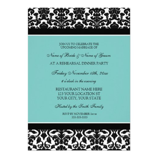 Teal Black Damask Rehearsal Dinner Party Card