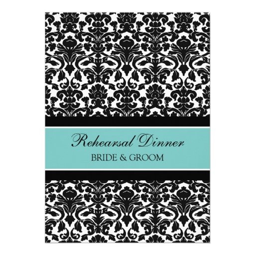 Teal Black Damask Rehearsal Dinner Party Card