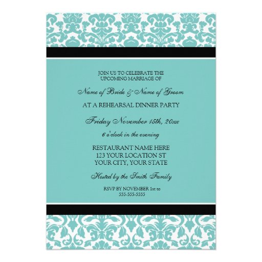 Teal Black Damask Rehearsal Dinner Party Custom Announcement