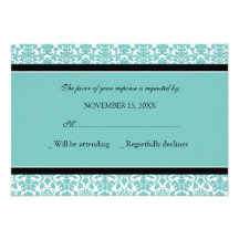 Teal Black Damask RSVP Wedding Card