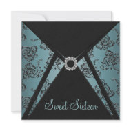Teal Black Damask Sweet Sixteen Party invitation