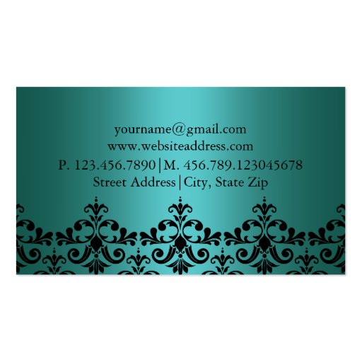 Teal & Black Elegant Damask Business Card (back side)