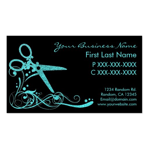 Teal black glitter swirl hair cut business cards (front side)