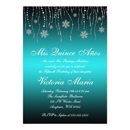 Teal Black Snowflakes Quinceanera Birthday Party Custom Invite (front side)