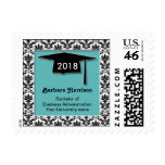 Teal, black, white damask, mortar Graduation Postage Stamp