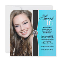 Teal Black White Photo Sweet 16 Birthday Party Personalized Invite
