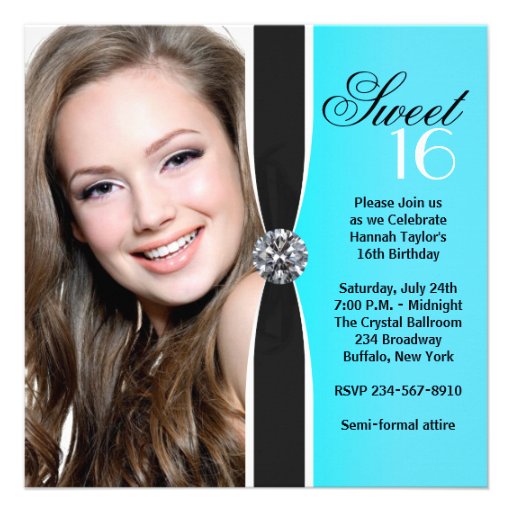 Teal Black White Photo Sweet 16 Birthday Party Personalized Invite