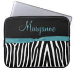 Teal Black Zebra Teal Ribbon Monogram Laptop Computer Sleeves