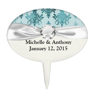 teal blue and aqua distressed damask cake topper