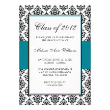 Teal Blue and Black Damask Graduation Announcement