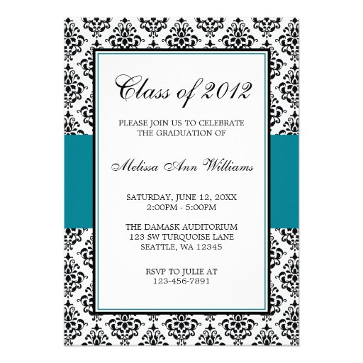 Teal Blue and Black Damask Graduation Announcement (front side)