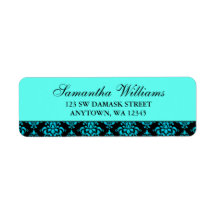 Teal Blue and Black Damask Return Address Labels