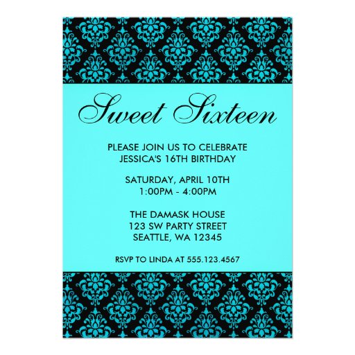 Teal Blue And Black Damask Sweet Sixteen Birthday Announcement