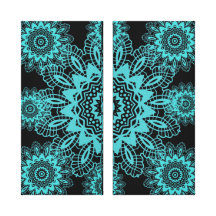 Teal Blue and Black Doily Lace Snowflake Mandala Canvas Prints