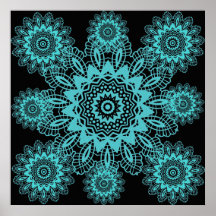 Teal Blue and Black Doily Lace Snowflake Mandala Poster